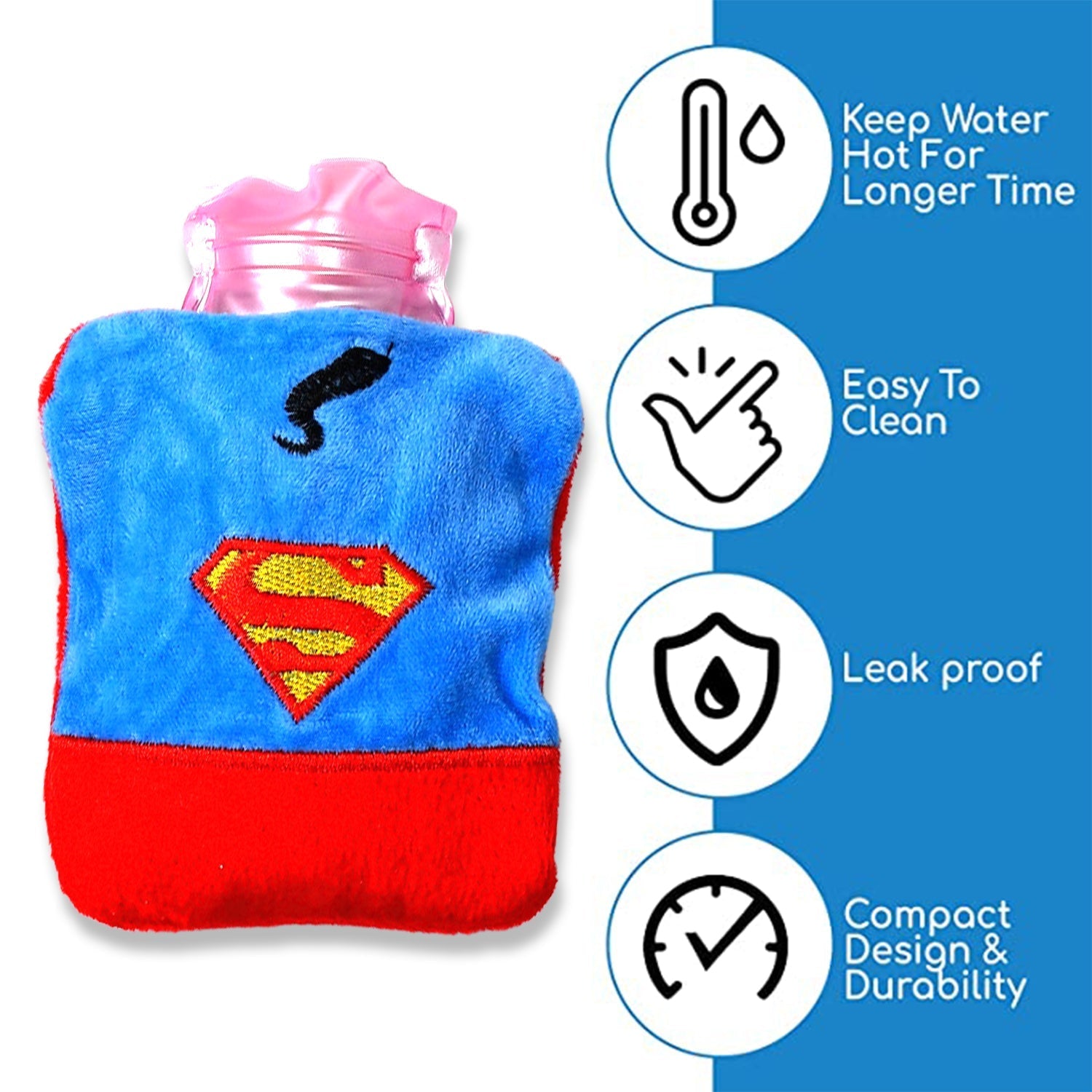 6530 Superman Print small Hot Water Bag with Cover for Pain Relief, Neck, Shoulder Pain and Hand, Feet Warmer, Menstrual Cramps. 6530 Superman Print small Hot Water Bag with Cover for Pain Relief, Neck, Shoulder Pain and Hand, Feet Warmer, Menstrual Cramps.